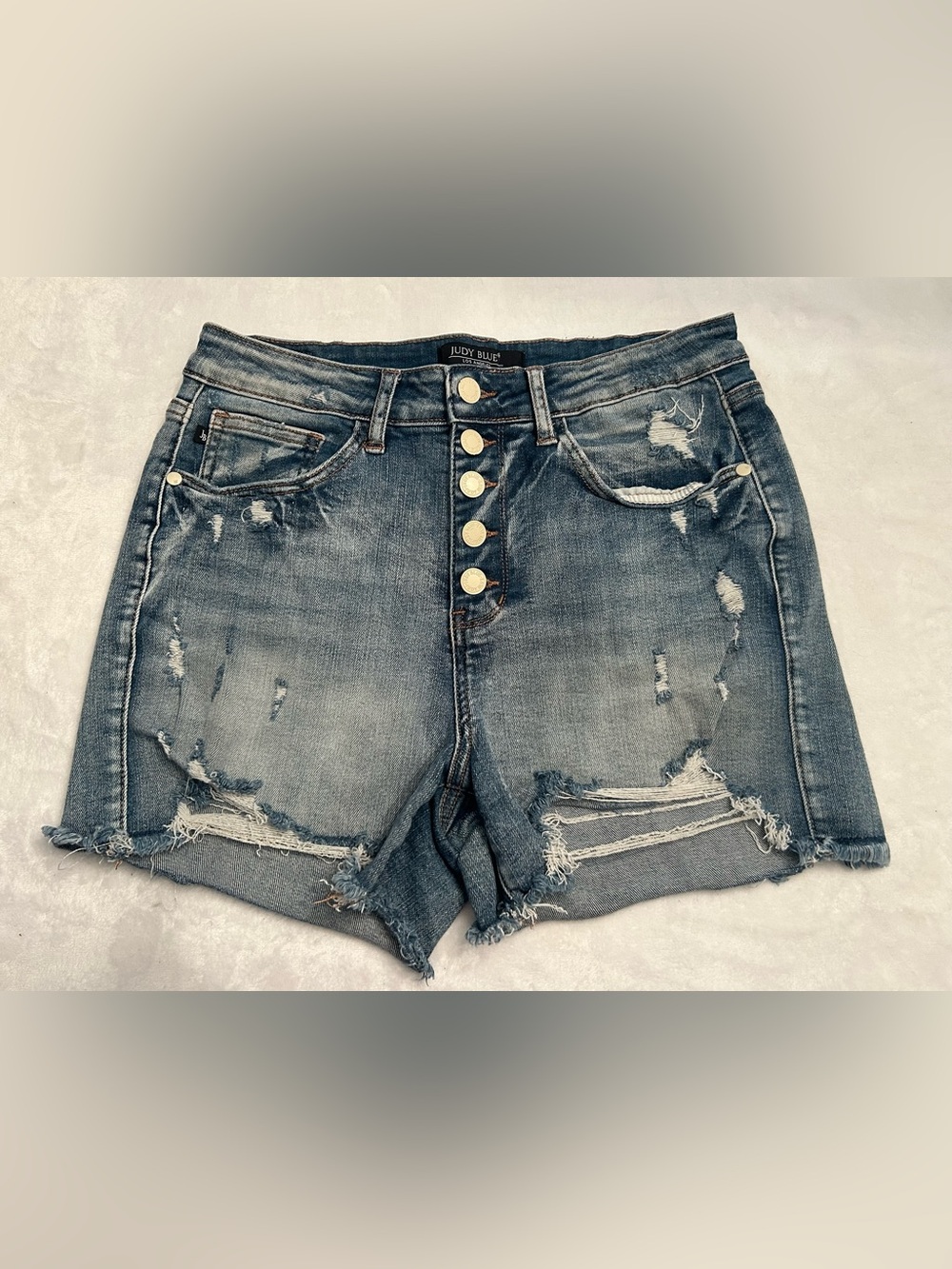 Judy Blue Women’s Large Distressed Button Fly Cut Off Stretch Jean Shorts